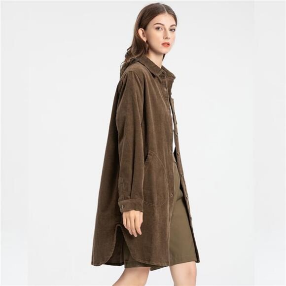 Women's Corduroy Shirt Coats Long Sleeve Button Down Blouses Tops with Pockets - Picture 3 of 7